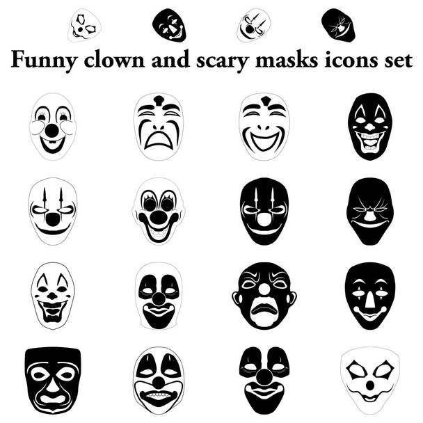 Payaso divertido y máscaras de miedo conjunto de iconos simples
 - Vector, Imagen