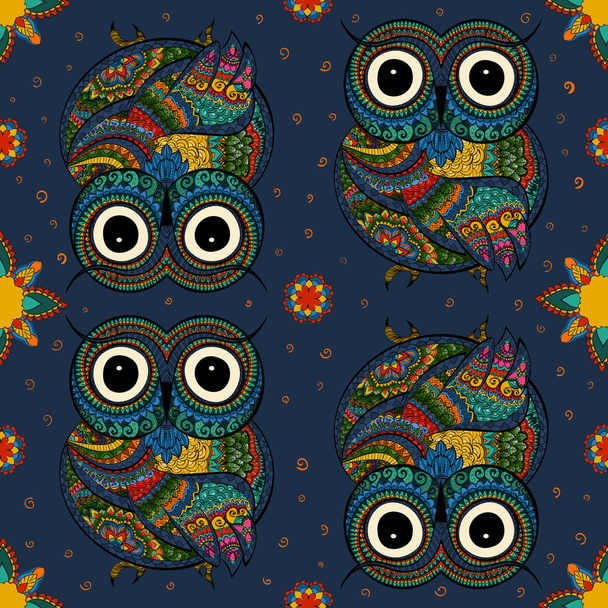 Seamless pattern from ornamental color owl with flowers and mandala. African, indian, totem, tattoo design. It may be used for design of a t-shirt, bag, postcard, a poster and so on. - Foto, Imagem