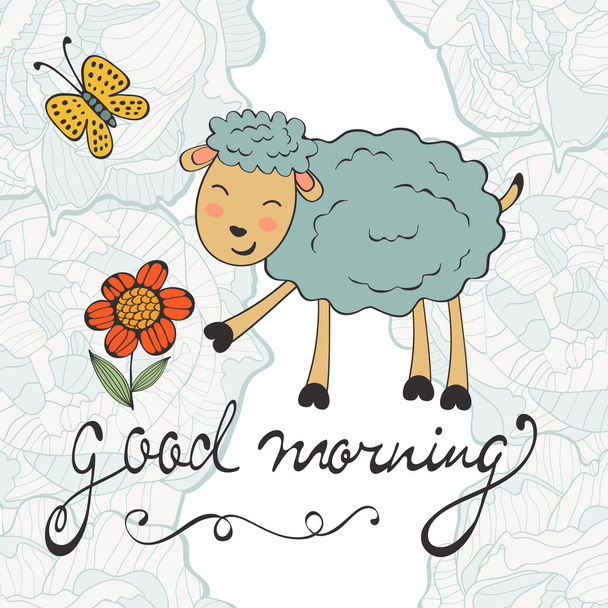 Good morning. Cute card with smiling sheep - Vector, Image