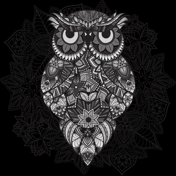 Patterned vector owl on the ornamental mandala background. African, indian, totem, tattoo design. Vector owl in tribal. doodle isolated black and white owl - Vecteur, image