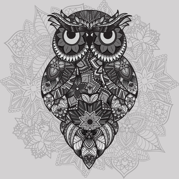 Patterned vector owl on the ornamental mandala background. African, indian, totem, tattoo design. Vector owl in tribal. doodle isolated black and white owl - Vecteur, image