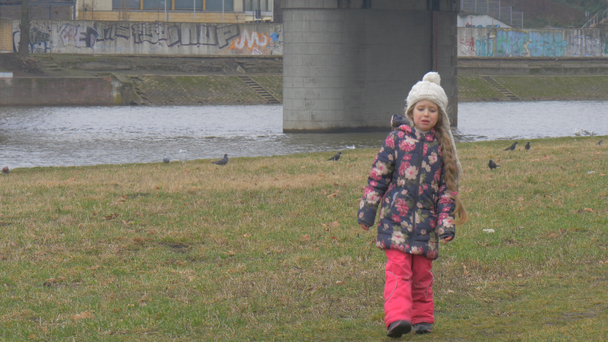 Verveeld kind is langzaam lopen door Green River Bank en praten vogels meeuwen duiven vliegen op de River Bridge via rivier auto's mensen op een brug - Video