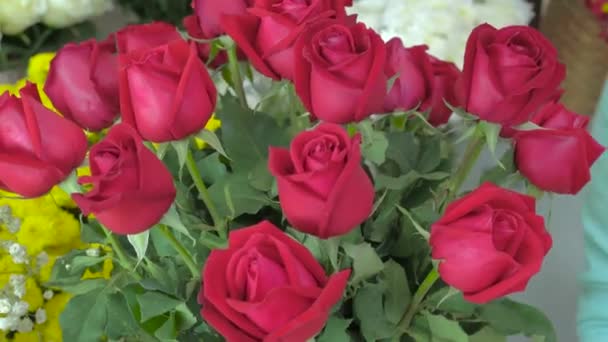 Virágbolt, virágüzlet piros rózsák elrendezése keze - Felvétel, videó