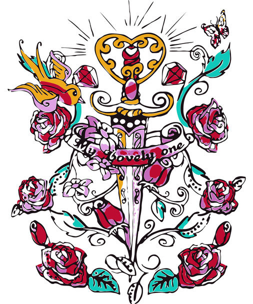 Татуювання ілюстрація троянд Векторний дизайн
 - Вектор, зображення