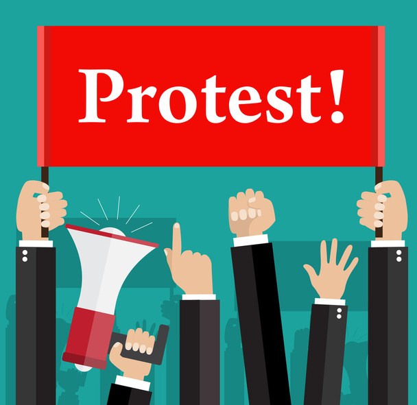 Hands holding protest signs and bullhorn - Vector, Image