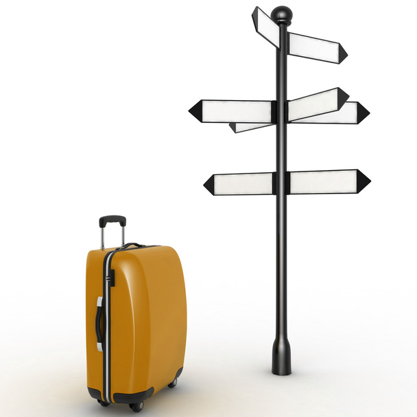 Travel concept. Signpost and suitcase on a white background - Foto, Imagem