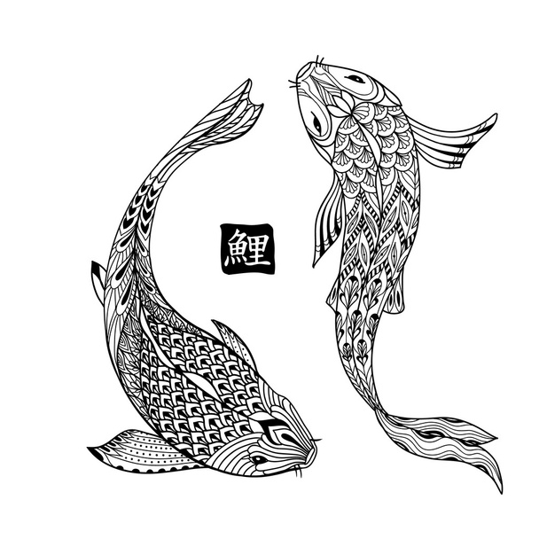 Hand drawn koi fish. Japanese carp line drawing for coloring book - Wektor, obraz