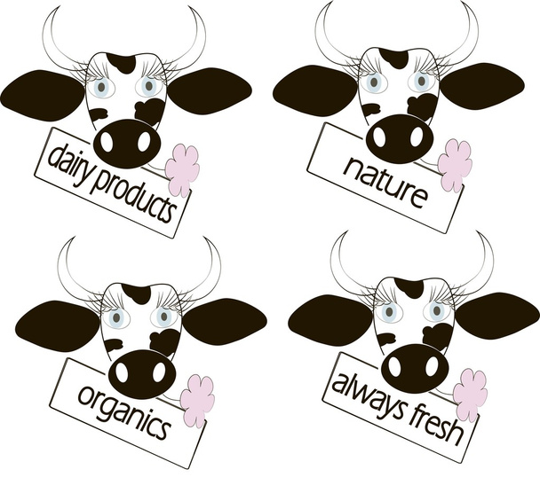 Cabeça de vaca preta e branca, olhos azuis, flor rosa, produtos lácteos, sempre frescos, orgânicos, Natura
 - Vetor, Imagem