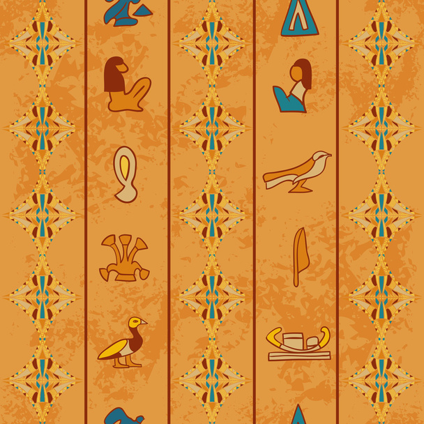 Egypt colorful ornament with ancient Egyptian hieroglyphs on aged paper background,. Vector seamless pattern. Hand drawn illustration - Vector, Image