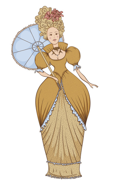 Hermosa mujer en vestido vintage con paraguas en estilo barroco. Ilustración vectorial dibujada a mano en estilo retro
 - Vector, Imagen