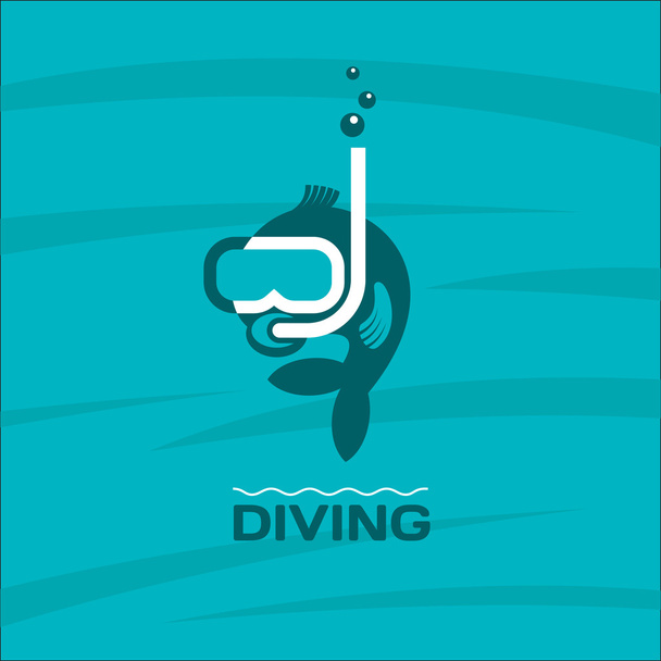 Diving. Fish diver mask with snorkel. Vector logo. - Vector, Image
