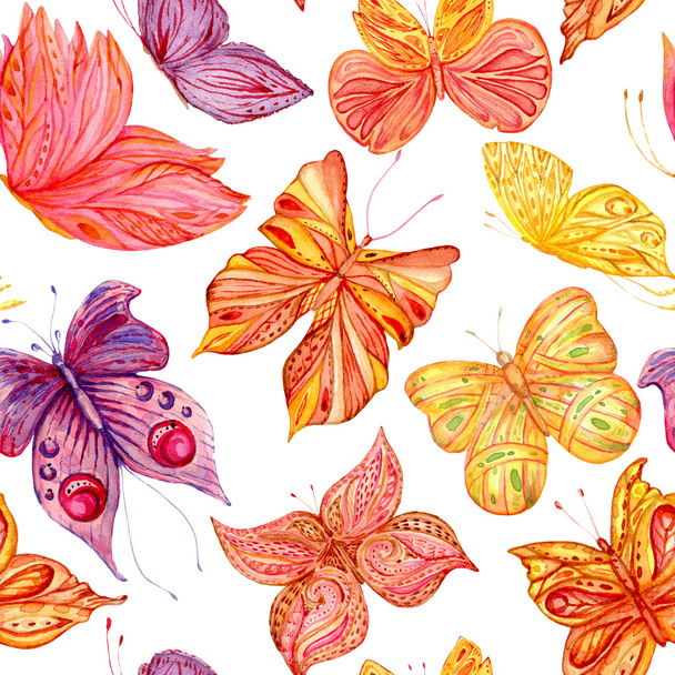 Seamless pattern with watercolor butterflies. Colorful hand drawn illustration - 写真・画像