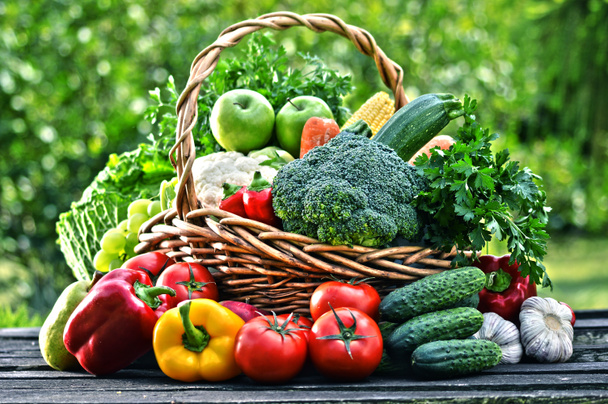 Cesta de vime com legumes orgânicos crus variados no jardim
 - Foto, Imagem
