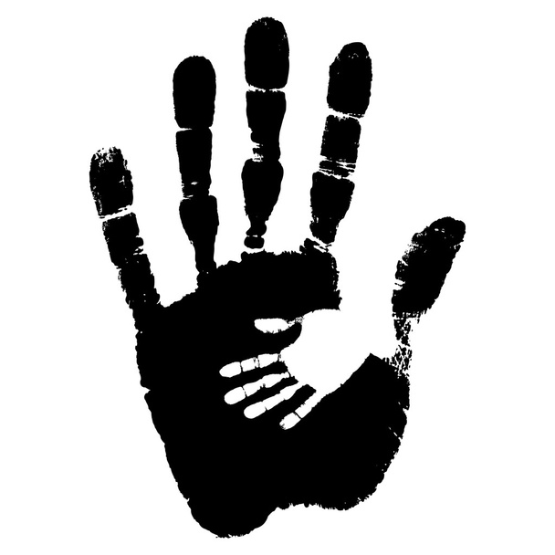Concept of conceptuele schattig zwarte verf hand van moeder kind handafdruk geïsoleerd op witte achtergrond - Foto, afbeelding
