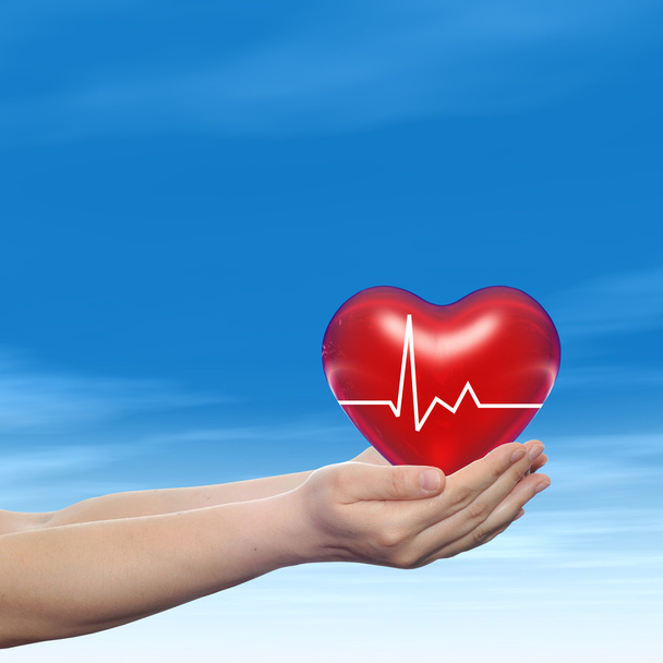 Concepto conceptual 3D rojo corazón humano signo o símbolo sostenido en zumbido
 - Foto, Imagen