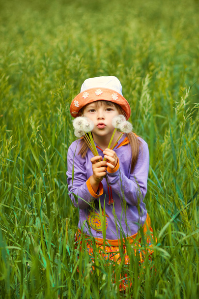 Little girl looking through the dandelions - Fotó, kép