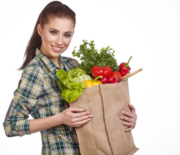 woman with grocery bag and vegetables - Fotoğraf, Görsel
