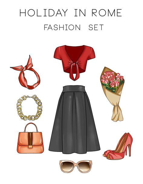 Fashion set of woman's clothes, accessories, and shoes - Photo, Image