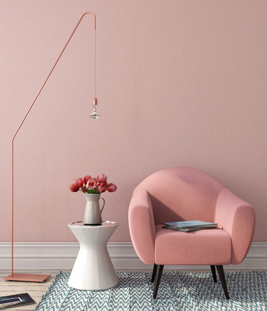 Wnętrze z różowy fotel i stylowe lampy podłogowe - Zdjęcie, obraz