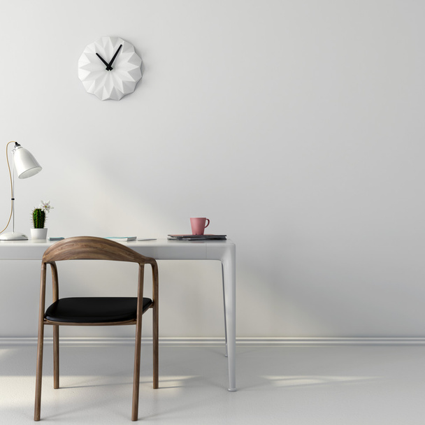 Bílý pracoviště s dřevěnou židli - Fotografie, Obrázek