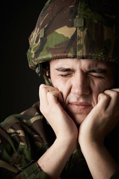 Soldier In Uniform Suffering From Stress - Zdjęcie, obraz
