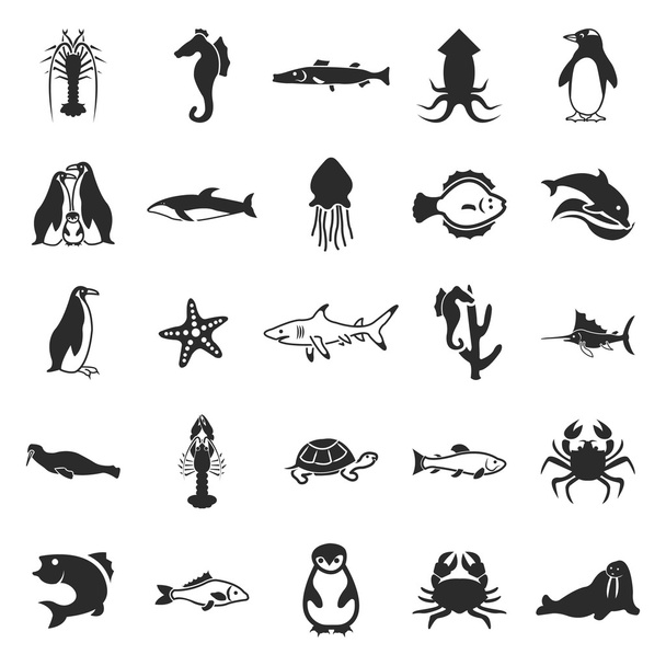 Sea, animal, fish 25 black simple icons. New collection of 25 modern fish , shark, whale icons  - Vektör, Görsel