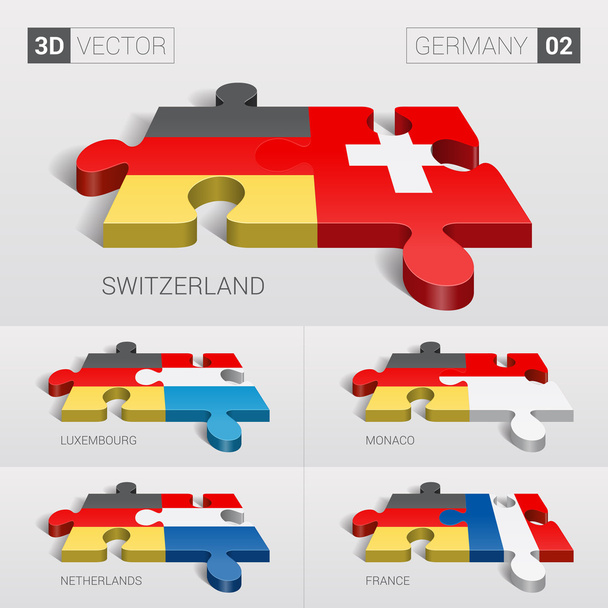 Alemania y Suiza, Luxemburgo, Mónaco, Países Bajos, Francia Bandera. rompecabezas vector 3d. Set 02
. - Vector, Imagen