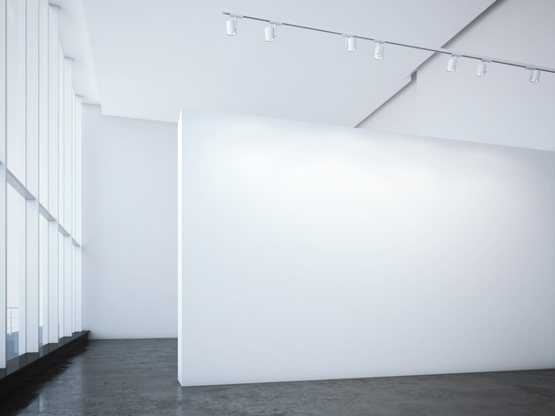 Modern bright gallery with white wall and spotlights. 3d rendering - Foto, Imagen