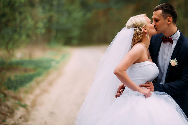 Наречений і наречений на весіллі День обіймає на відкритому повітрі на весняній природі
 - Фото, зображення