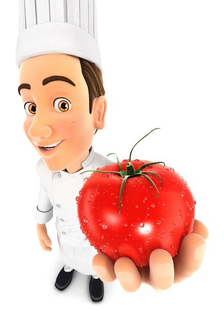3d jefe de cocina sosteniendo un tomate fresco
 - Foto, imagen