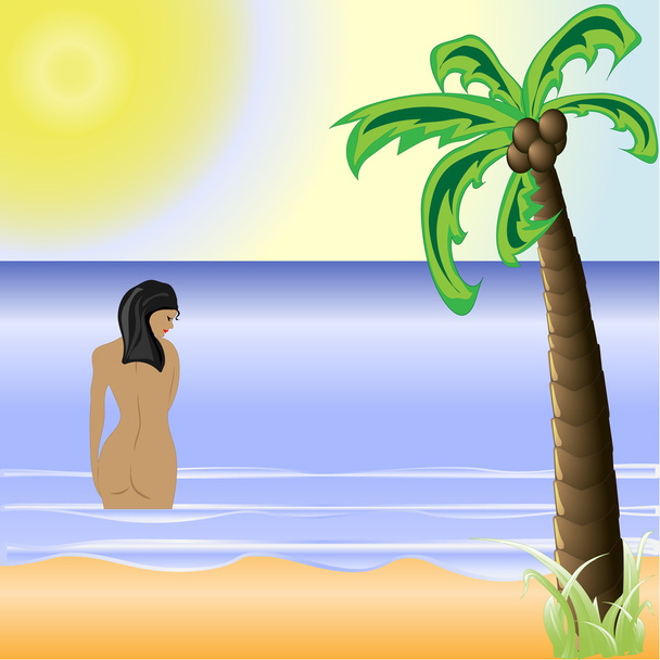 una playa soleada con un sol brillante y una hermosa palmera
 - Vector, imagen