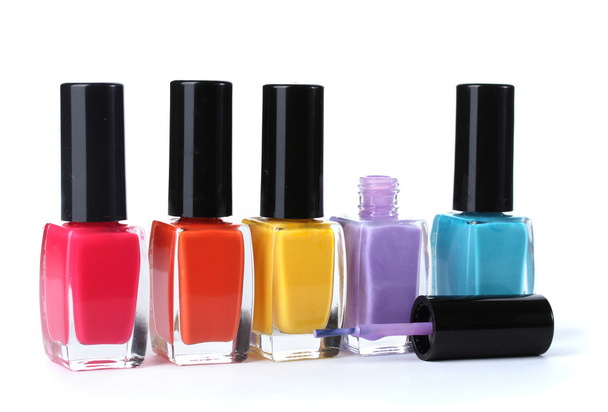Group of bright nail polishes isolated on white - Фото, изображение
