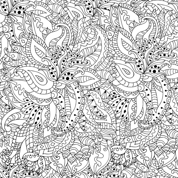 Flores y hojas zentangle dibujadas a mano patrón sin costuras
 - Vector, Imagen