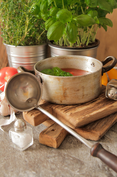 tomato soup with basil in a pot on the marble - Foto, immagini