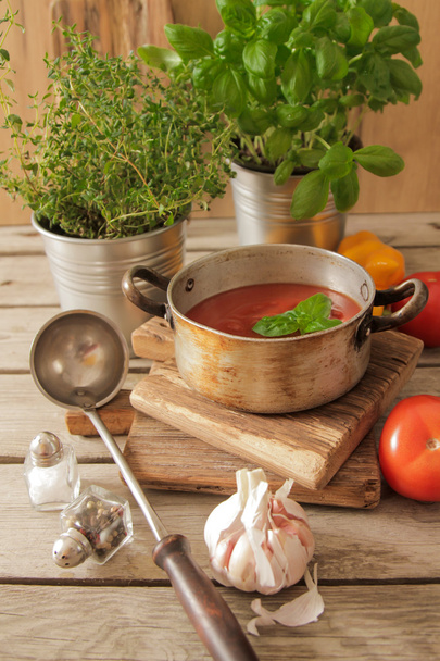 tomato soup with basil in a pot on the marble - Foto, afbeelding