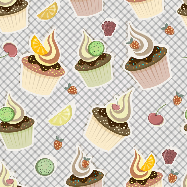 vector seamless pattern with cupcakes, fruits and berries - Vettoriali, immagini