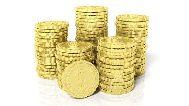 Stacks of golden coins with Dollar symbol, isolated on white background. - Photo, Image
