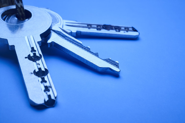Sleutelhanger met sleutels in blauwe Toon over een lege achtergrond - Foto, afbeelding
