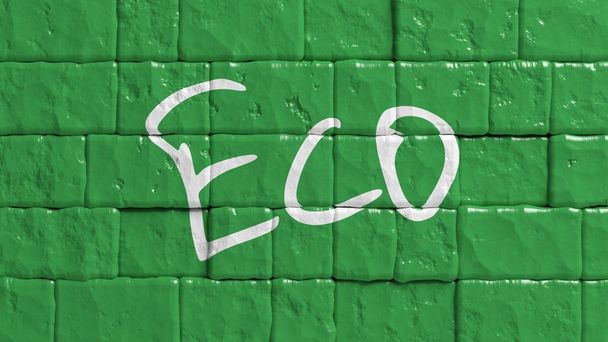 Green painted brick wall with Eco text graffiti - Photo, Image