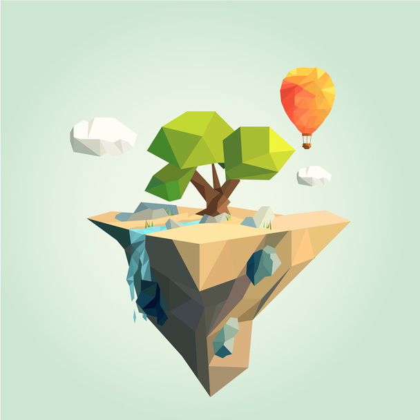 Low poly island with air balloon - ベクター画像