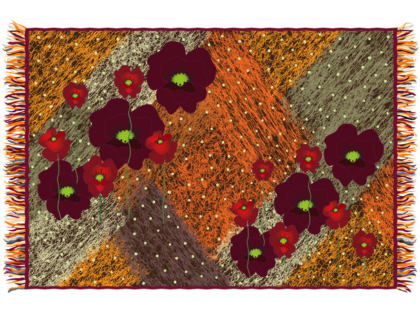 Tejido colorido tapiz a rayas grunge con apliques de amapolas rojas y flecos
 - Vector, imagen