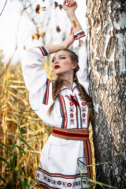 Молодая девушка на летнем поле в национальной белорусской одежде, фас
 - Фото, изображение