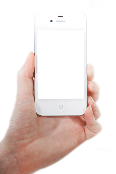 White IPhone in woman hand isolated on white - Foto, Imagem