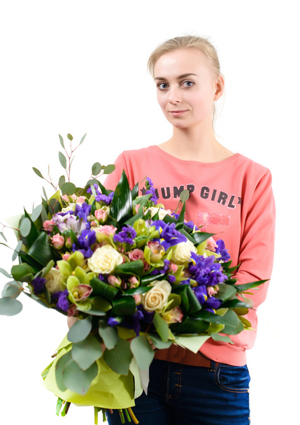 young beautiful woman with a bunch of color bouquet, Isolated on - Valokuva, kuva