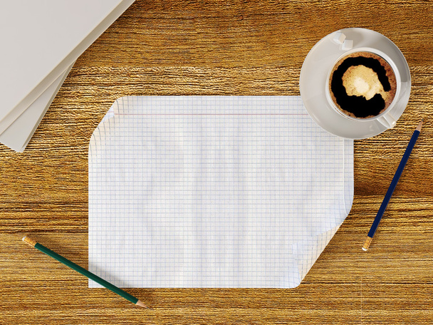 Papel en blanco sobre mesa de madera con lápices y taza de café
 - Foto, Imagen
