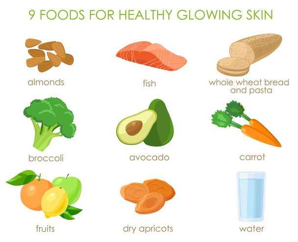 Nueve alimentos para una piel sana. Vector
 - Vector, Imagen