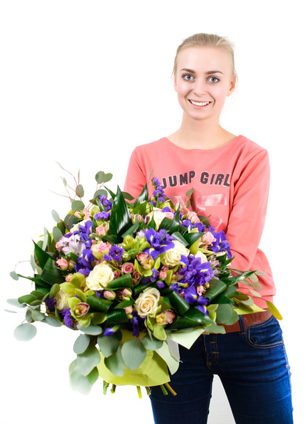 young beautiful woman with a bunch of color bouquet, Isolated on - Valokuva, kuva
