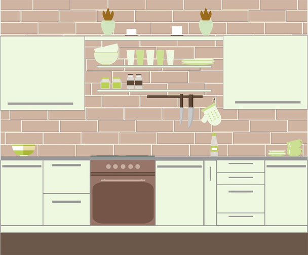 keuken met bakstenen muur - Vector, afbeelding