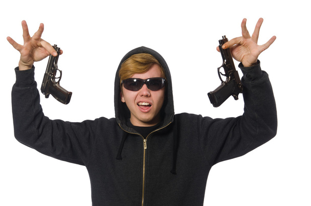 Aggressiver Mann mit Waffe isoliert auf Weiß - Foto, Bild
