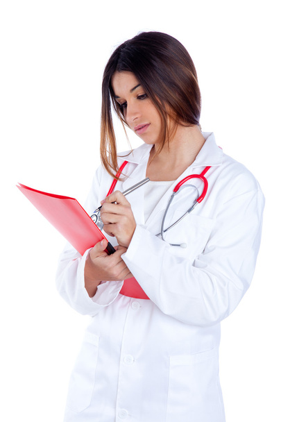 Brunette indian doctor woman with red folder - 写真・画像